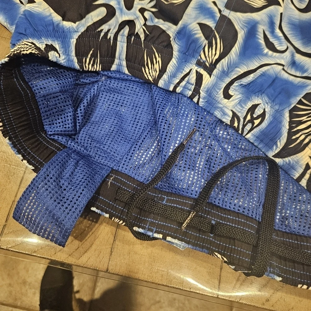 Speedo Swim Trunks Shorts Large Blue Floral Mesh Lined Hawaiian Beach W/ Pockets